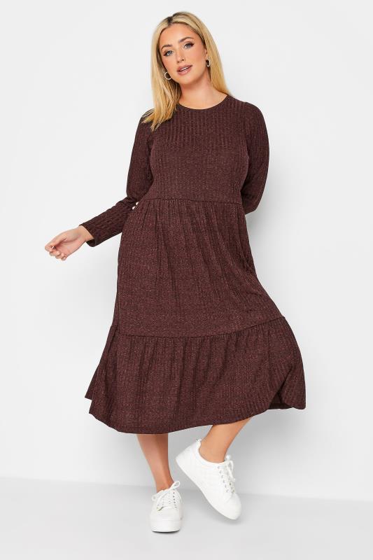 Curve Plus Size Burgundy Red Ribbed Midi Tier Dress | Yours Clothing 2