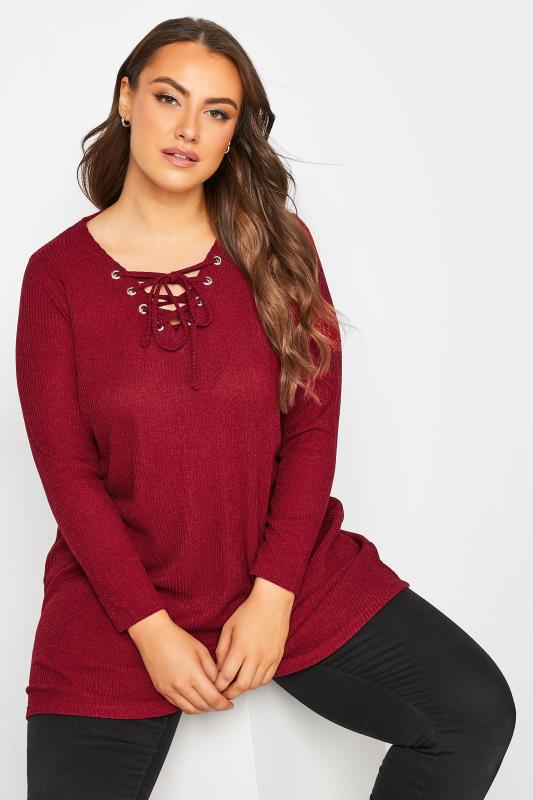  Curve Red Lace Up Top