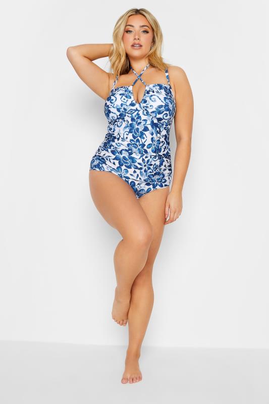YOURS Curve Plus Size Blue Floral Print Cross Tummy Control Swimsuit | Yours Clothing  5