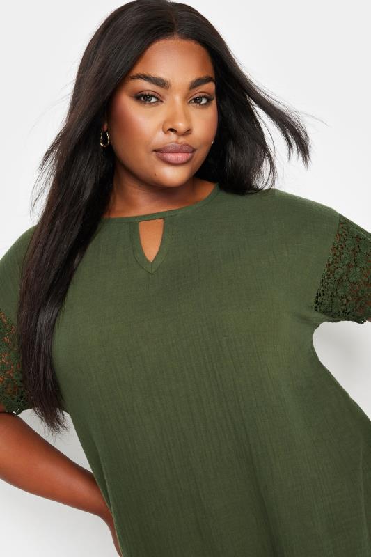 YOURS Plus Size Khaki Green Cheesecloth Crochet Top | Yours Clothing 4