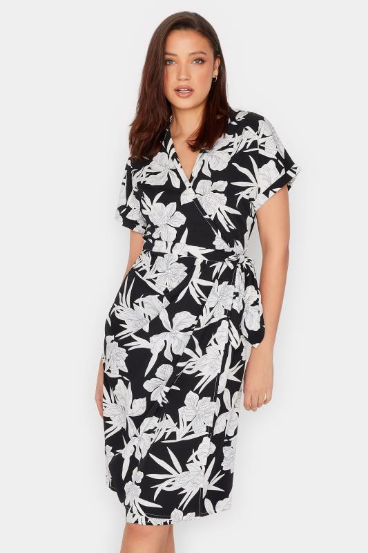  LTS Tall Black Floral Print Shirt Wrap Dress