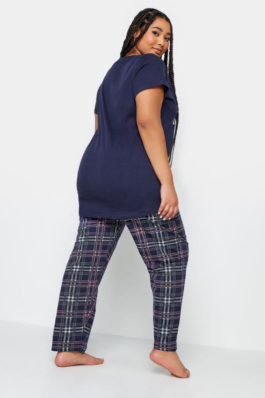 YOURS Plus Size Navy Blue 'Duvet Days' Slogan Check Print Pyjama Set | Yours Clothing 3