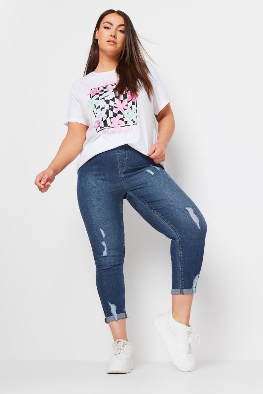 YOURS Plus Size Mid Wash Blue Ripped Turn Up Cropped GRACE Jeggings | Yours Clothing 2