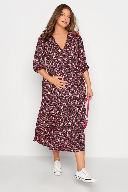 BUMP IT UP MATERNITY Plus Size Black Ditsy Print Tiered Wrap Dress | Yours Clothing  1