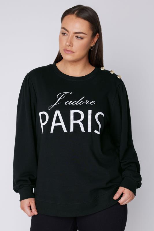 EVANS Plus Size Black 'Paris' Slogan Embroided Sweatshirt | Evans 1