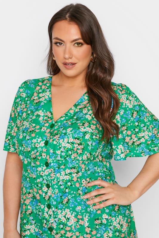 YOURS LONDON Plus Size Green Floral Print Button Through Tea Dress | Yours Clothing  4