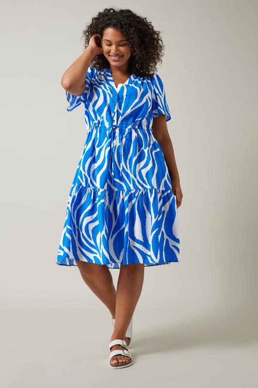 Plus Size  EVANS Curve Blue Abstract Print Midi Shirt Dress