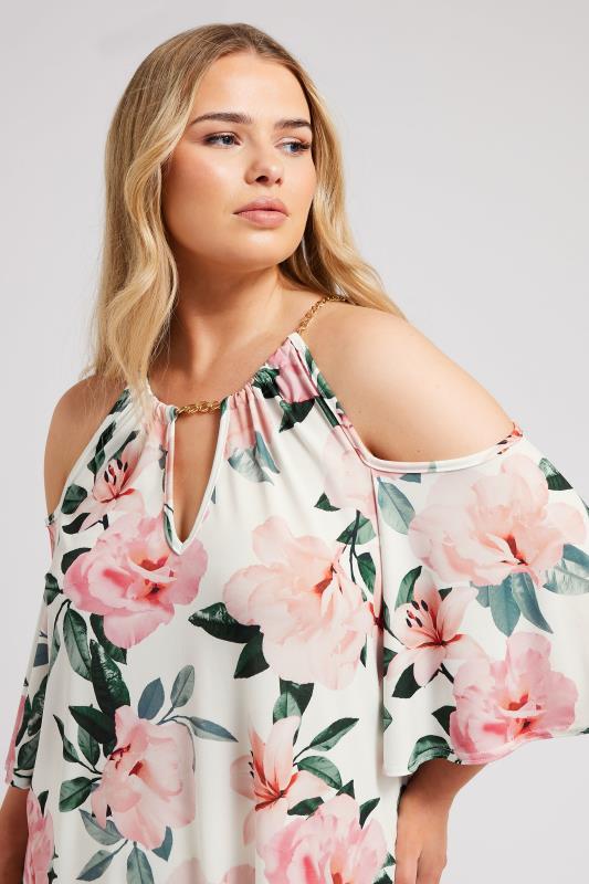 YOURS LONDON Plus Size White Floral Print Chain Cold Shoulder Top | Yours Clothing 5