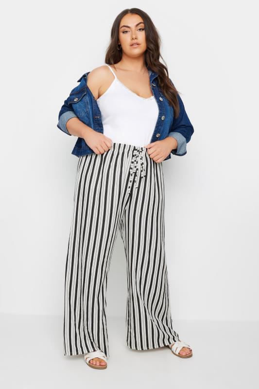YOURS Plus Size White Stripe Wide Leg Linen Look Trousers | Yours Clothing 1