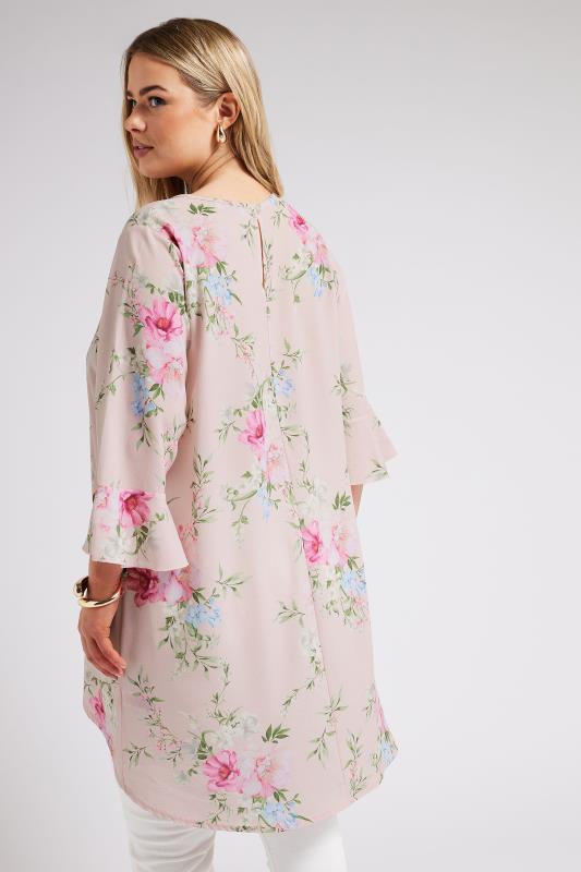 YOURS LONDON Plus Size Pink Floral Flute Sleeve Tunic | Yours Clothing 5