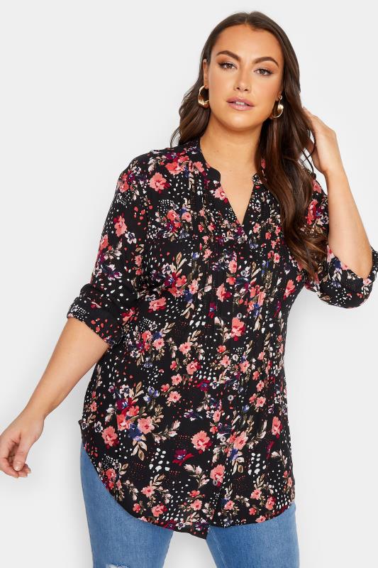  dla puszystych YOURS Curve Black Floral Print Pintuck Shirt
