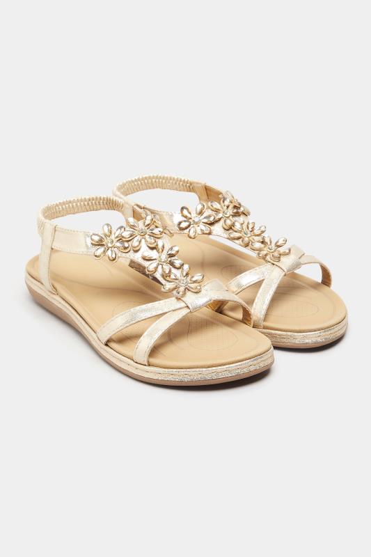 Gold Glitter Floral Diamante Studded Sandals In Extra Wide EEE Fit 2