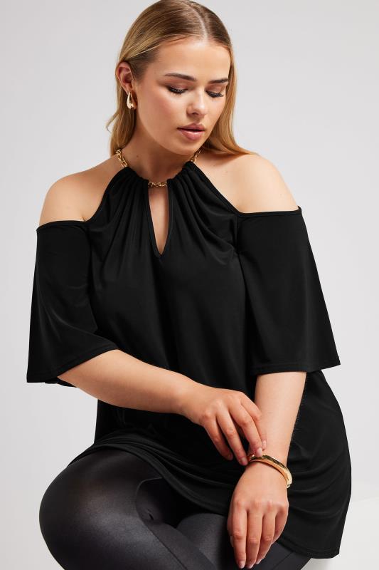 YOURS LONDON Plus Size Black Chain Cold Shoulder Top | Yours Clothing 1