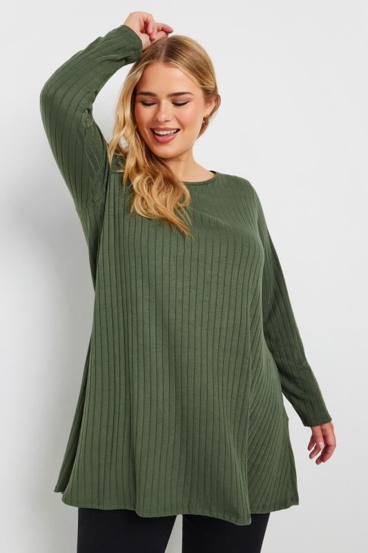 YOURS Plus Size Green Ribbed Swing Top | Yours Clothing 1