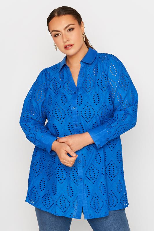 LIMITED COLLECTION Curve Cobalt Blue Broderie Anglaise Shirt 1