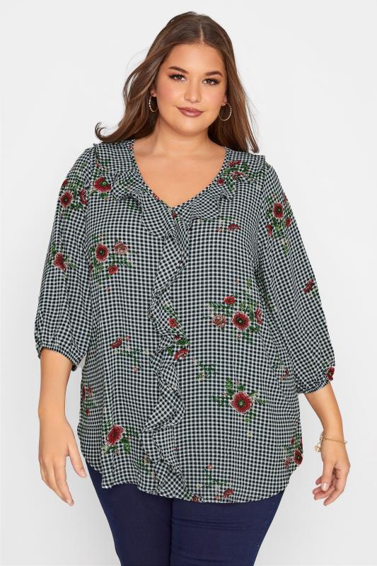 Plus Size  Navy Gingham Floral Ruffle Blouse