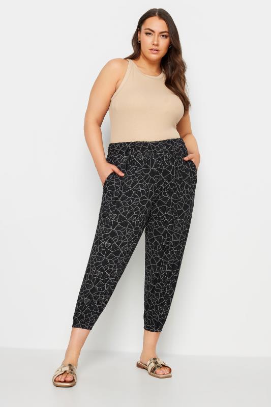 YOURS Plus Size Black Geometric Print Cropped Harem Joggers | Yours Clothing 2