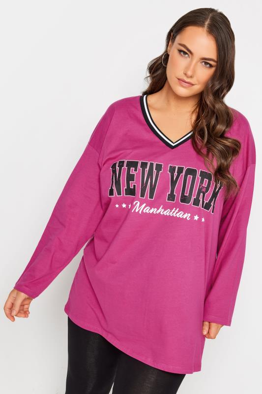 Plus Size  YOURS Curve Pink 'New York' Varsity Oversized T-Shirt