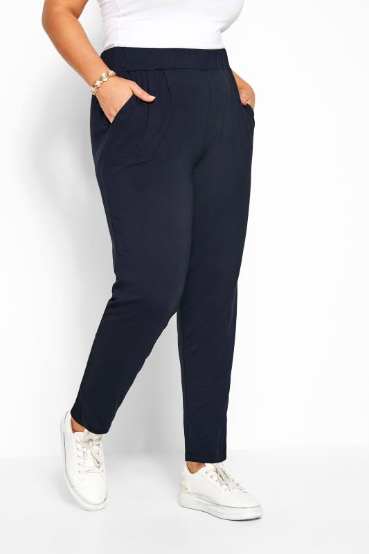 Navy Blue Double Pleat Stretch Jersey Joggers | Yours Clothing 1