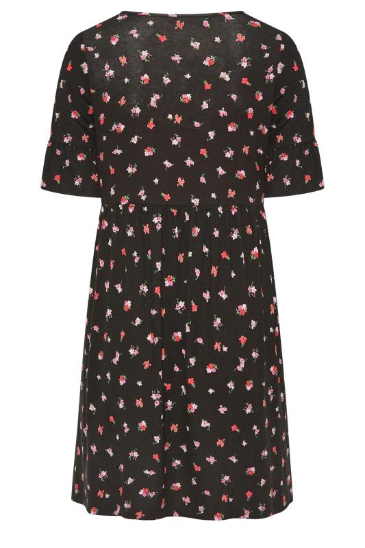YOURS Curve Plus Size Black & Pink Ditsy Floral Print Smock Tunic Dress | Yours Clothing  7