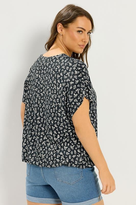 YOURS Plus Size Black Floral Elasticated Hem T-Shirt | Yours Clothing 2
