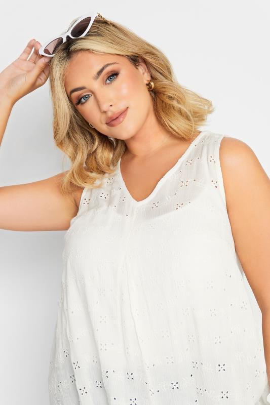 YOURS Plus Size White Broderie Anglaise Pleat Front Vest Top | Yours Clothing 4