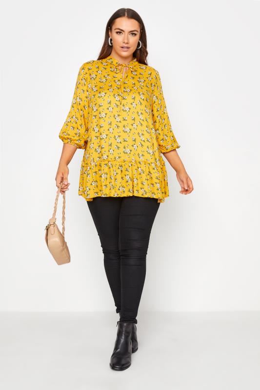 Curve Mustard Yellow Floral Print Tie Neck Blouse 2