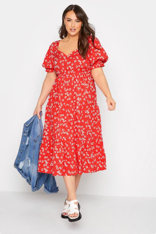 LIMITED COLLECTION Curve Red Floral Print Puff Sleeve Midi Dress 1