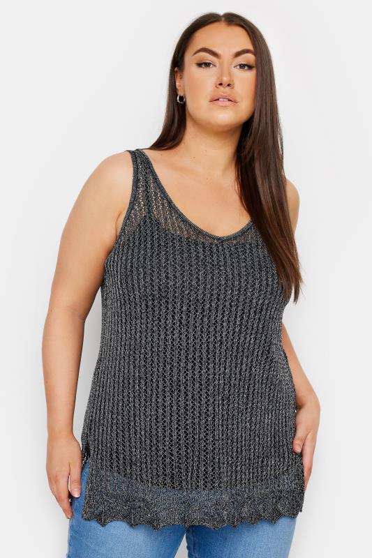 YOURS Plus Size Black & Silver Metallic Crochet Vest Top | Yours Clothing 5