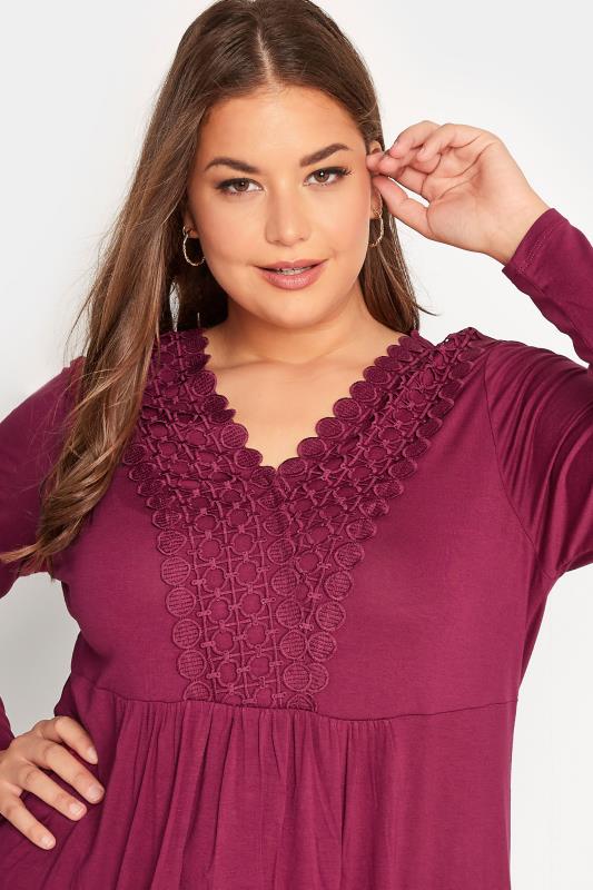 Curve Dark Pink Crochet Trim Long Sleeve Tunic Top 4