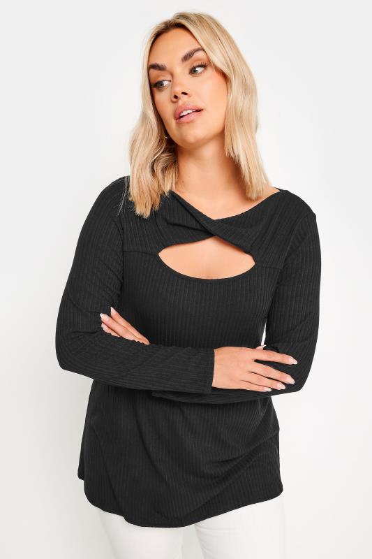 YOURS Curve Black Twist Front Ribbed Swing Top | Yours Clothing 1