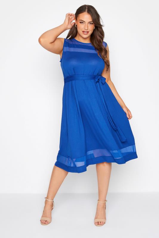 Plus Size Cobalt Blue Mesh Panel Skater Dress | Yours Clothing  2