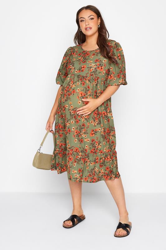 Plus Size  BUMP IT UP MATERNITY Curve Green Floral Balloon Sleeve Midaxi Dress