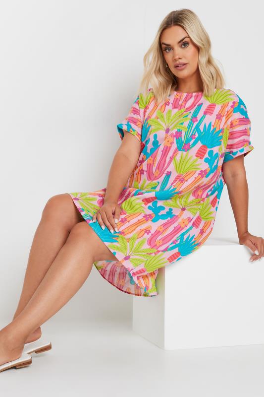 Plus Size  YOURS Curve Pink Cactus Print Tunic Dress