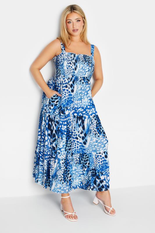 YOURS Plus Size Blue Animal Markings Shirred Strappy Sundress | Yours Clothing 1