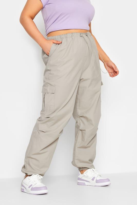 YOURS Curve Plus Size Natural Brown Cuffed Cargo Parachute Trousers 1