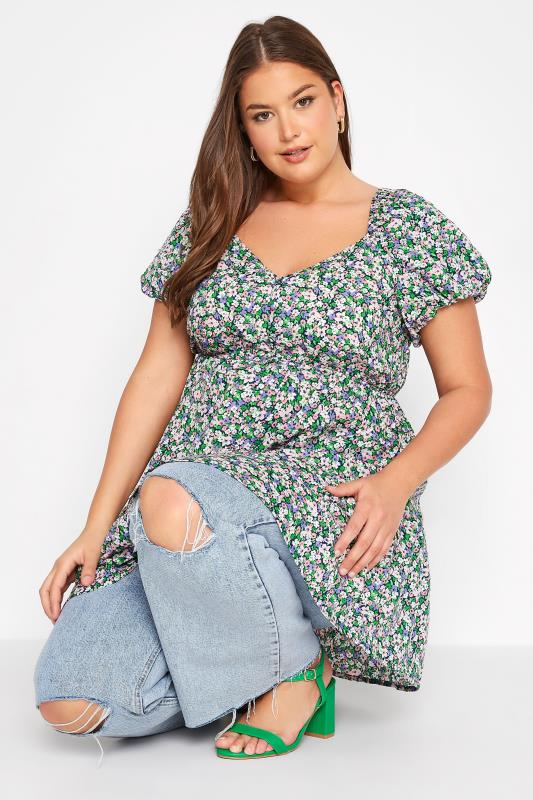 Curve Green Floral Puff Sleeve Button Tunic Top 4