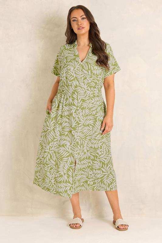 EVANS Plus Size Green Leaf Print Shirred Waist Midi Linen Dress | Evans 1