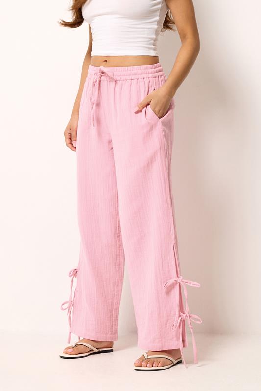 PixieGirl Petite Women's Pink Tie Detail Cotton Cheesecloth Wide Leg Trousers | PixieGirl 1