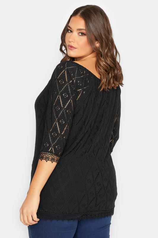 YOURS Plus Size Black Pointelle Lace Trim Top | Yours Clothing 3