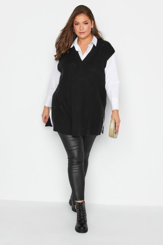 Plus Size Black Ribbed V-Neck Knitted Vest Top | Yours Clothing 2