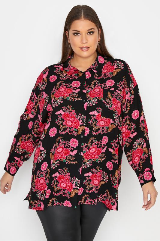 YOURS LONDON Curve Black & Pink Floral Oversized Shirt_A.jpg