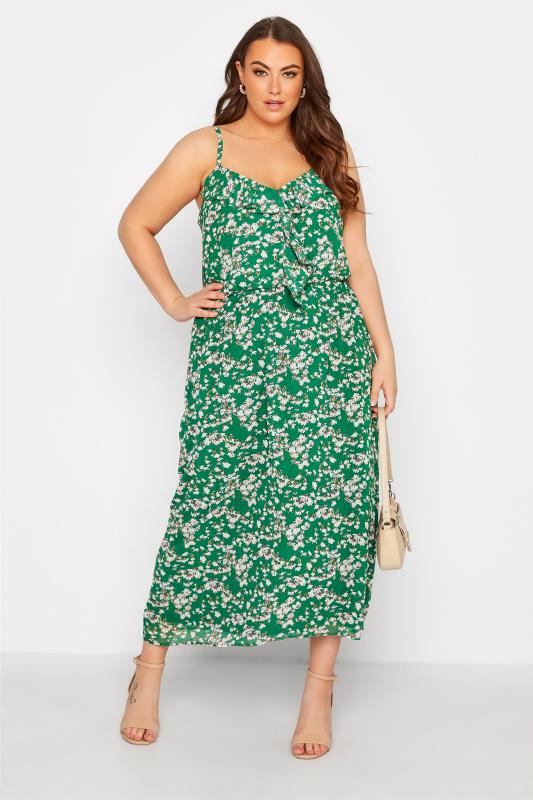 Plus Size  YOURS LONDON Curve Green Floral Print Ruffle Maxi Dress