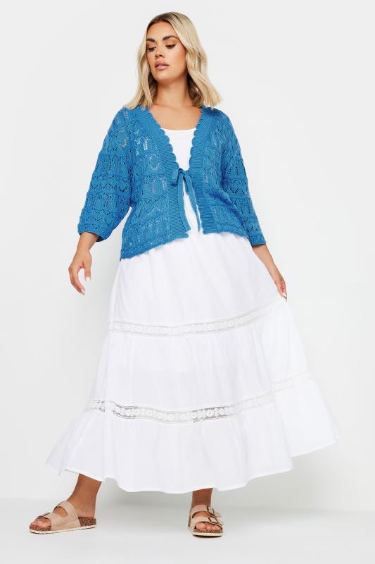 YOURS Plus Size Blue Crochet Tie Front Shrug | Yours Clothing 3