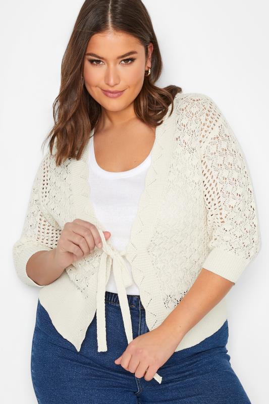 YOURS Plus Size Ivory White Pointelle Tie Up Shrug | Yours Clothing 1
