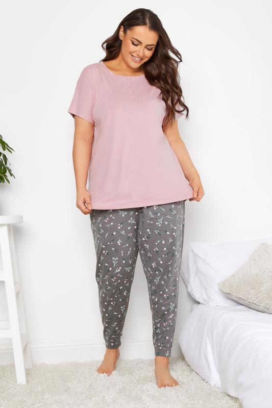 YOURS Plus Size Curve Grey Floral Cuffed Pyjama Bottoms | Yours Clothing  2