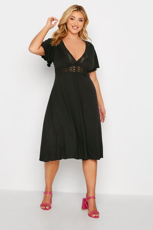 Plus Size Black Crochet Detail Dress | Yours Clothing  2