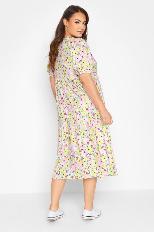 Plus Size Pink & Yellow Floral Print Puff Sleeve Smock Midaxi Dress | Yours Clothing 3