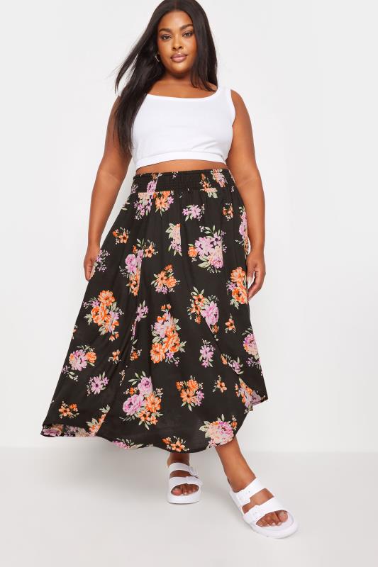 Plus Size  YOURS Curve Black Floral Print Tulip Skirt
