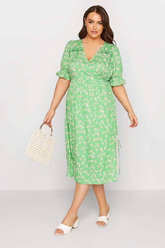 Plus Size Green Daisy Print Frill Sleeve Wrap Dress | Yours Clothing  1